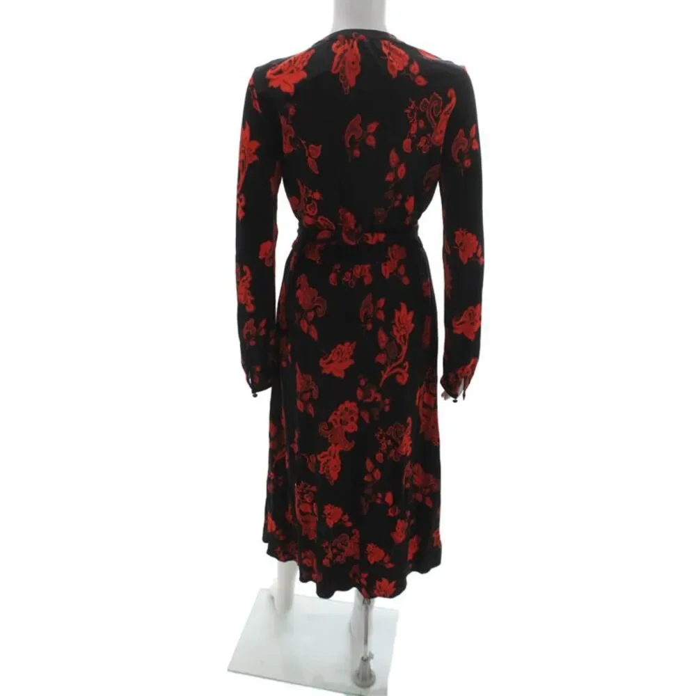 Tory Burch Womens A-Line Floral Midi Black Long Sleeve Dress Size XS